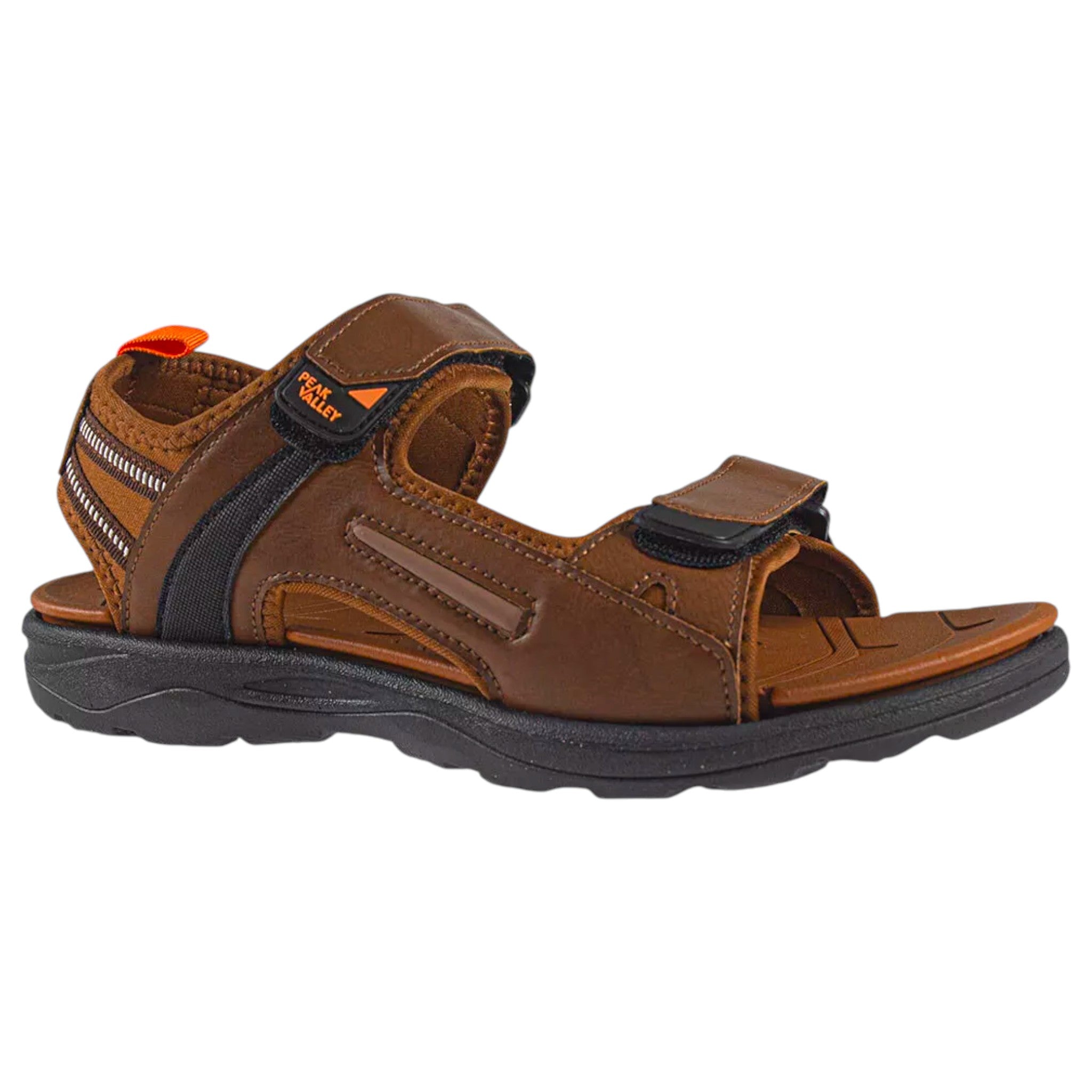 Men's brown Peak Valley outdoor sandals with rugged sole and adjustable Velcro straps – durable trekking and walking footwear
